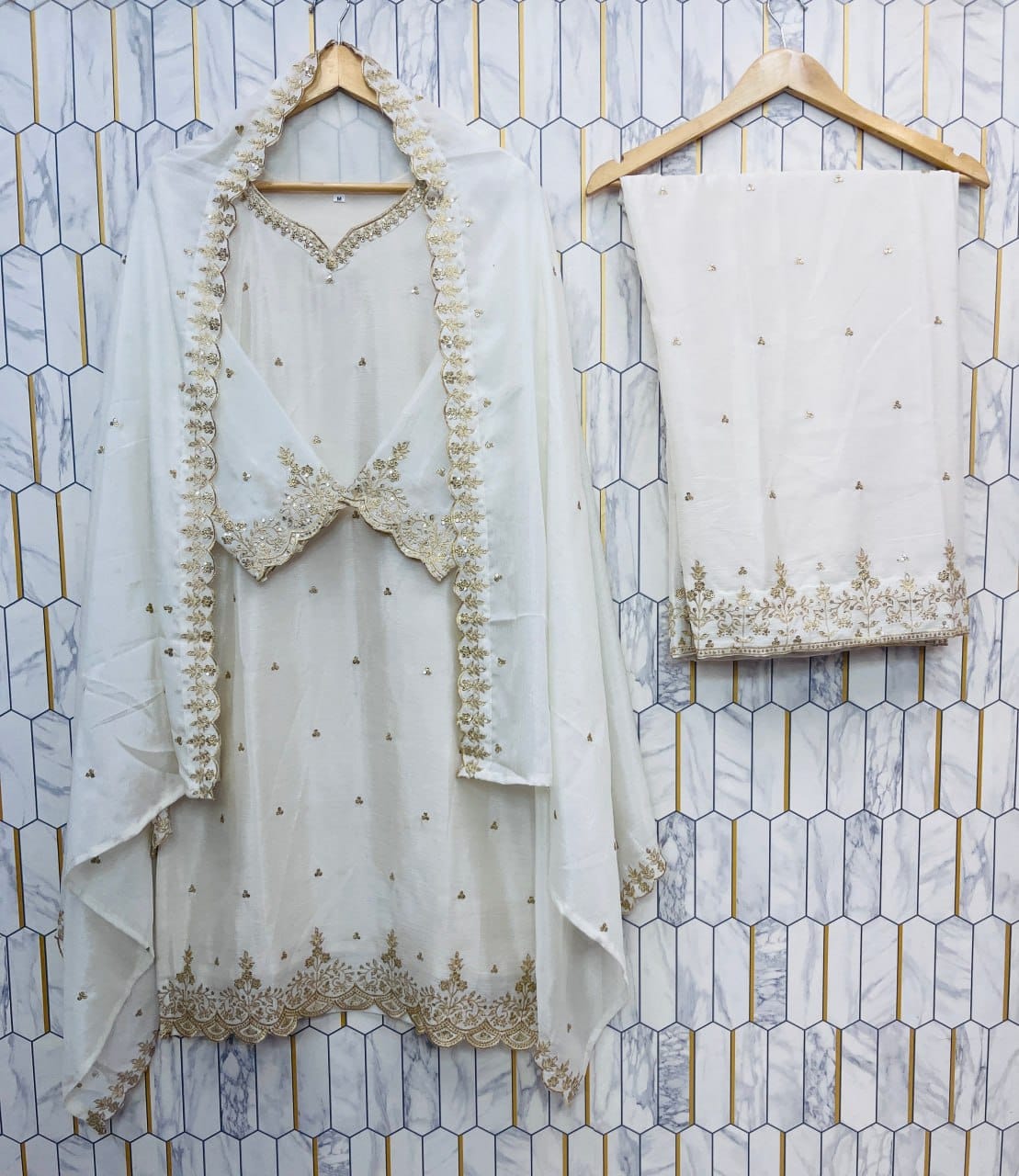 Elegant Embroidered Chinon Silk Suit Set