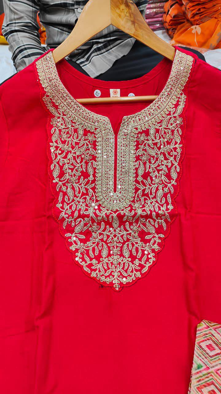 Women’s Rayon Slub Embroidered Kurta Set – Red