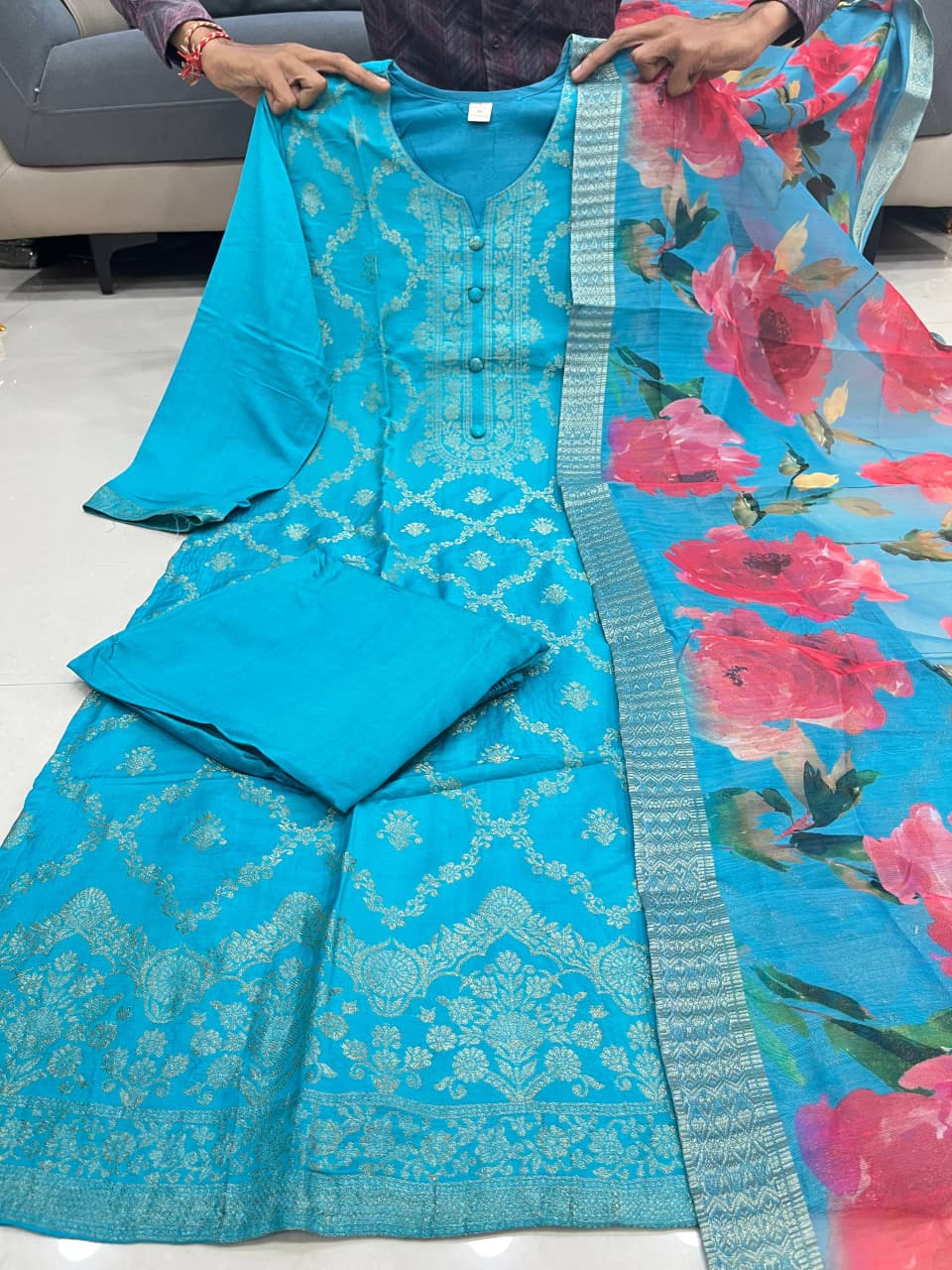 Banarasi Kurti Pant Set with Dupatta & Pearl Bracelet
