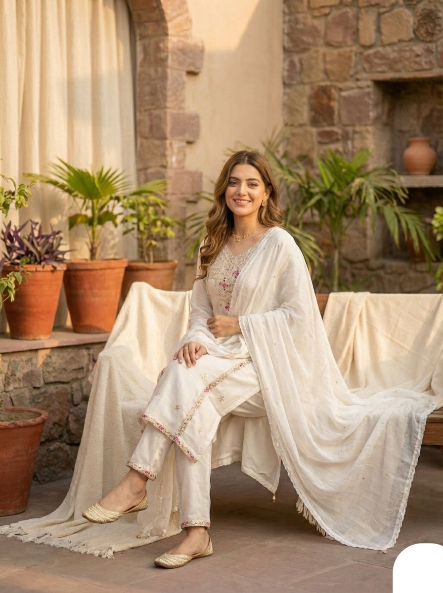 Roman Silk Suit with Sequence & Cowry Embroidery