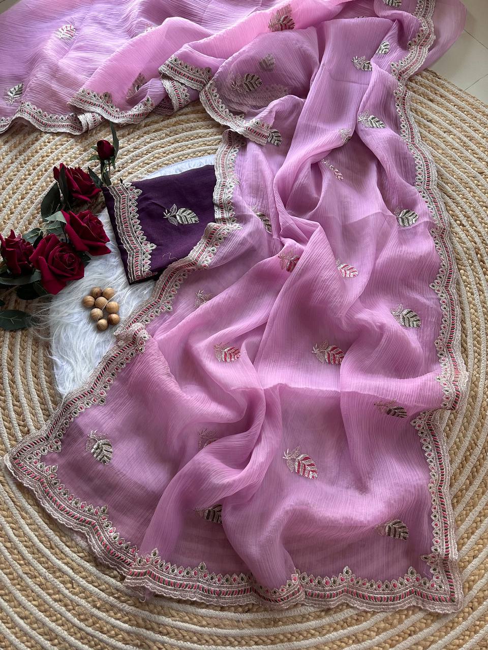 Pure Chiffon Saree with Embroidery & Contrast Raw Silk Blouse