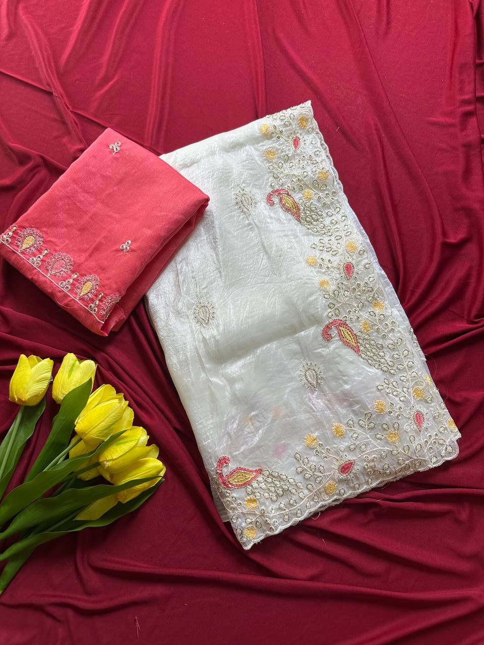 Crushed Organza Saree with Peacock Embroidery & Cutdana Work