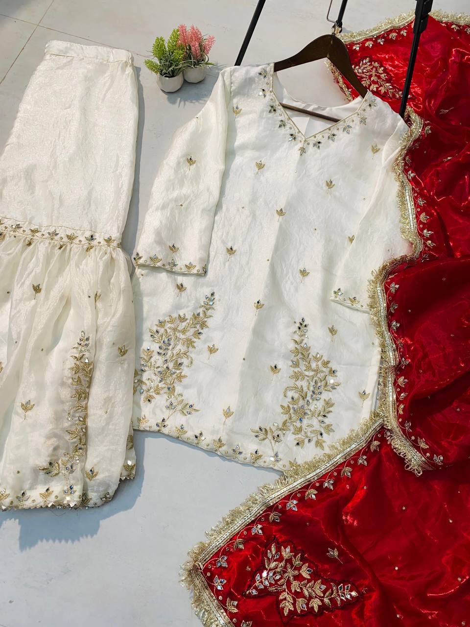 Fendy Mirror Work Sharara Set White Red Combination