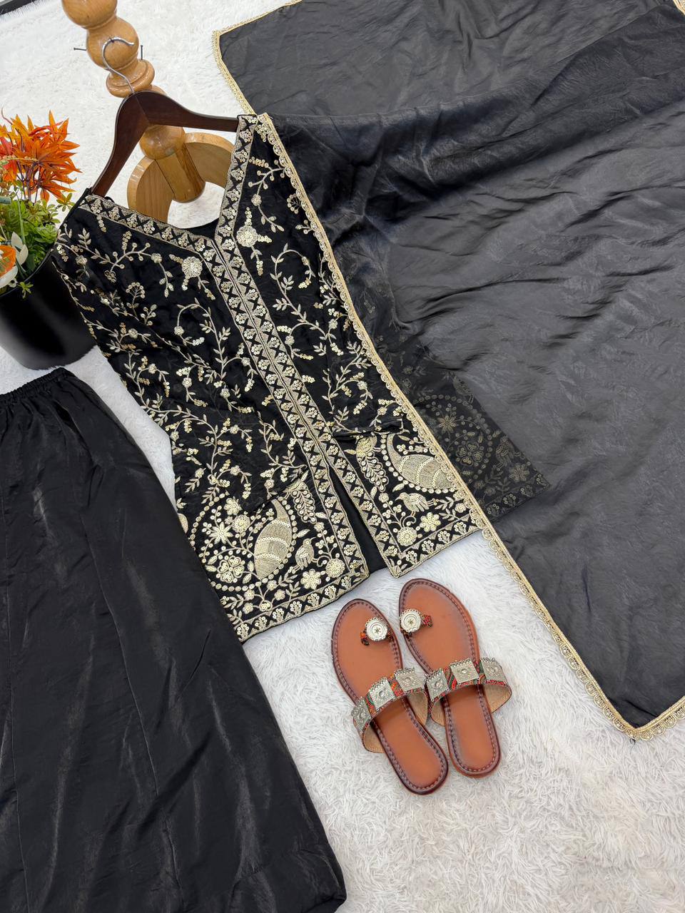 Fendy Silk Embroidered Plazzo Set (Black)