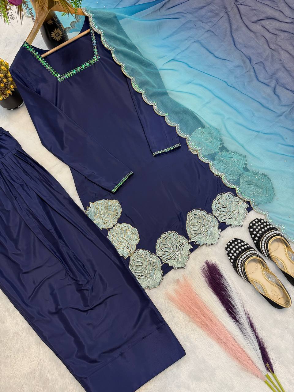 Crepe Silk Sequins Farshi Set
