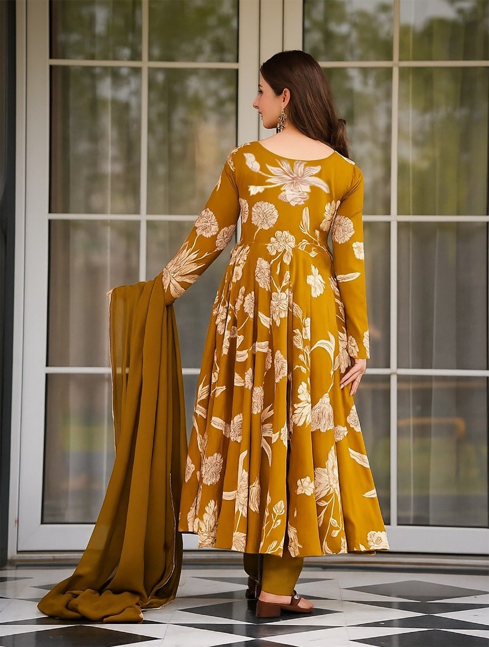 Rayon Slub Printed Anarkali Suit Set
