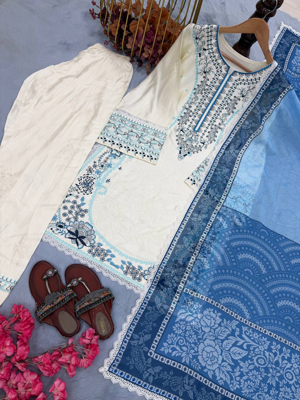 Pure Satin Rayon Embroidered Farshi Palazzo Suit Set