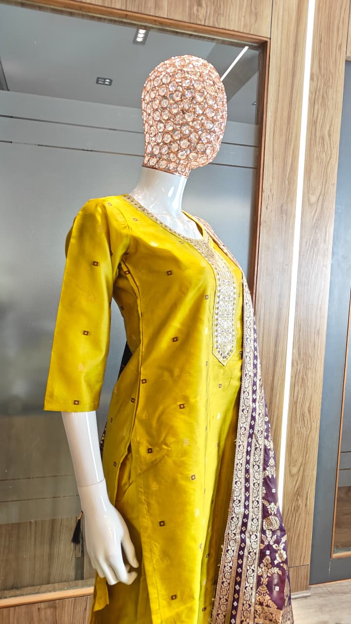 Art Silk Woven Kurta Set with Lace Border Dupatta