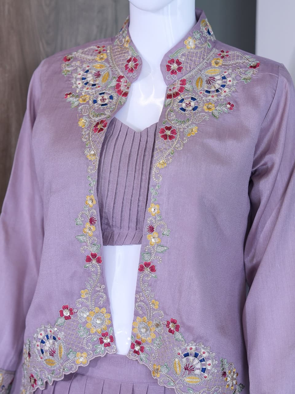 Premium Zazu Silk Embroidered Jacket with Lehenga Set
