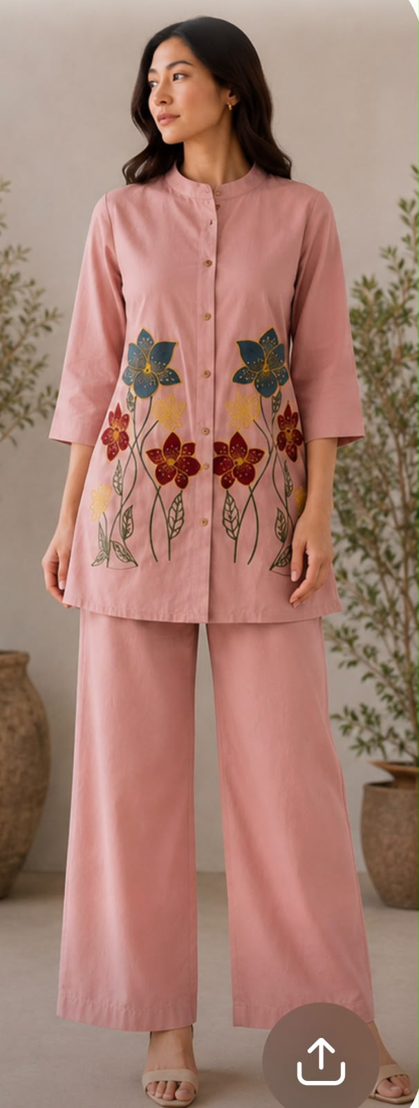 Pure Mal Cotton Embroidered Kurti Pant Set with Attached Lining