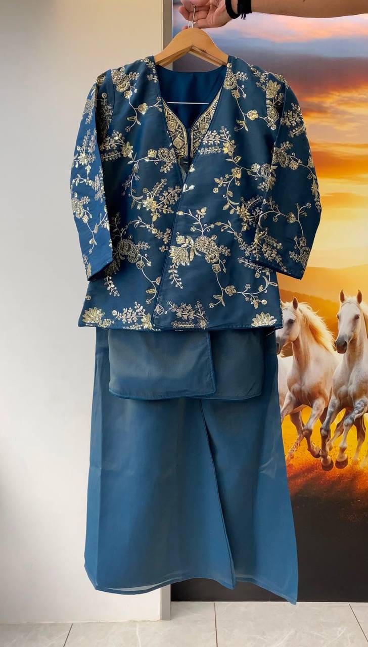Coss-Moss Sequin Embroidered Shrug Top & Palazzo Co-Ord Set
