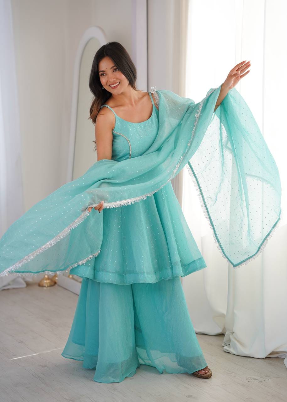 Crunchy Silk Zarkhand Work Sharara Palazzo Suit Set