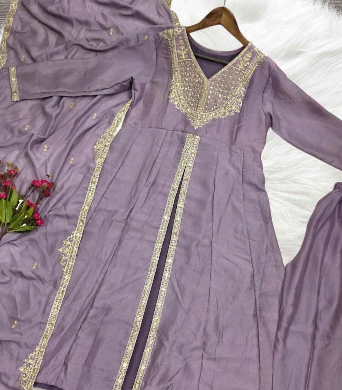 Vichitra Silk Sequin Coding Embroidered Kurti Pant with Fandy Silk Dupatta