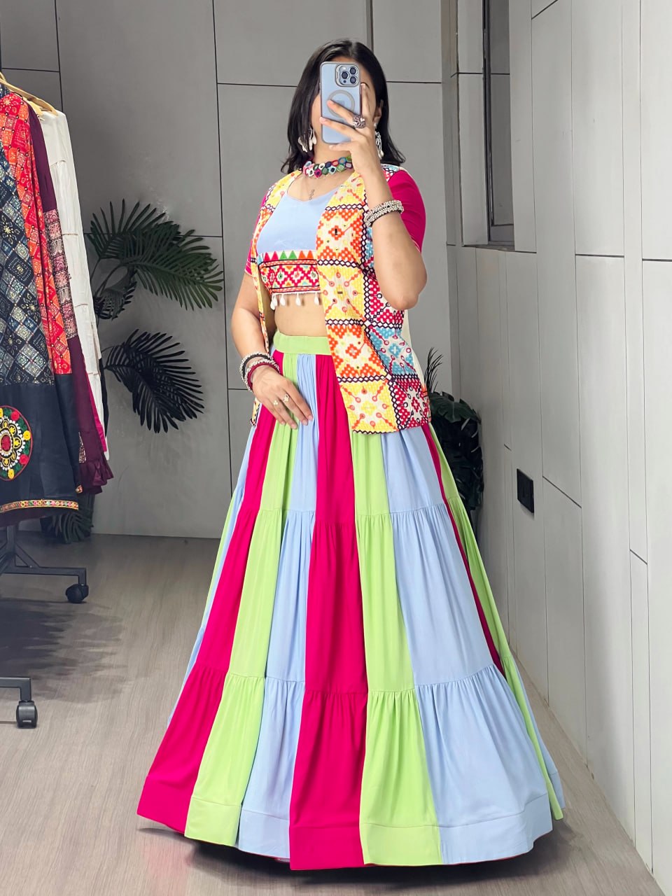 Pure Rayon Cotton Multi-Color Kali Lehenga with Kutchhi Work Koti