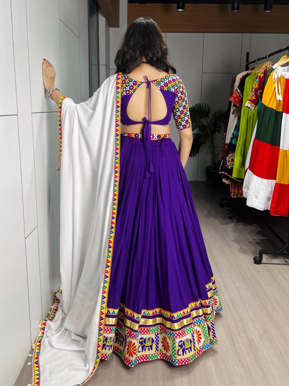 Pure Rayon Cotton Gamthi Mirror Work Lehenga Set