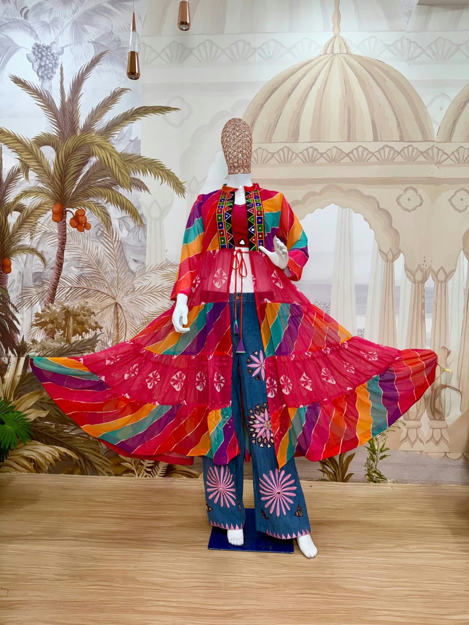 Embroidered Faux Georgette Shrug with Mirror Work