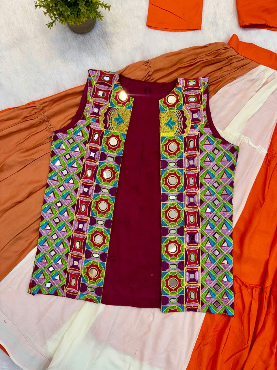 Pure Rayon 7 Meter Ruffle Lehenga with Embroidered Mirror Koti