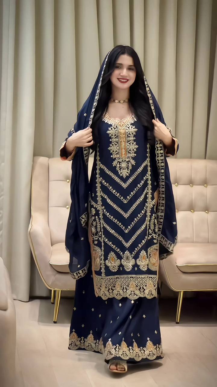 Premium Embroidered Chinon Silk Suit Set