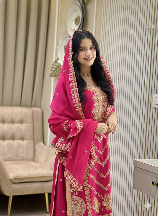 Premium Embroidered Chinon Silk Suit Set