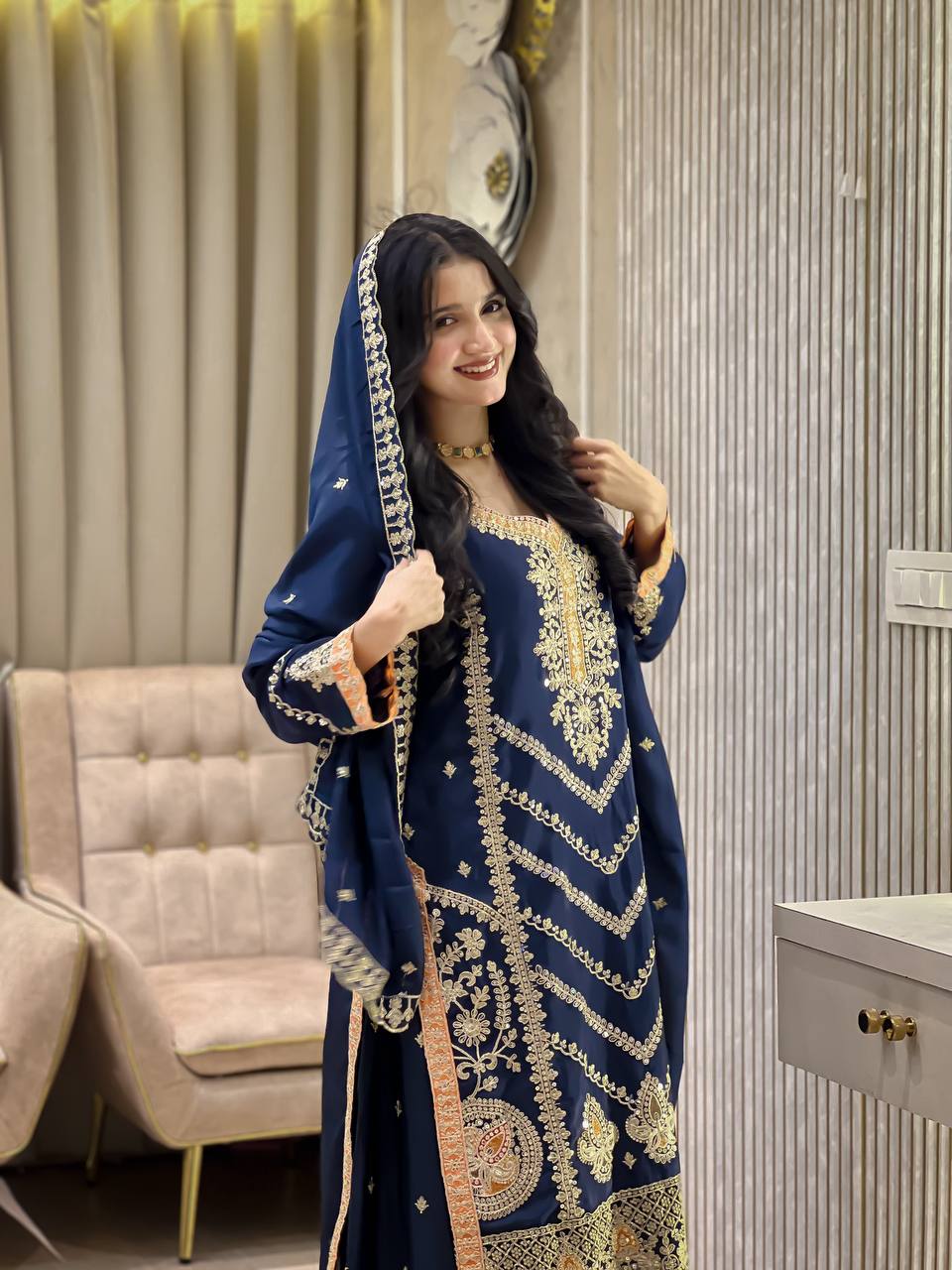 Premium Embroidered Chinon Silk Suit Set