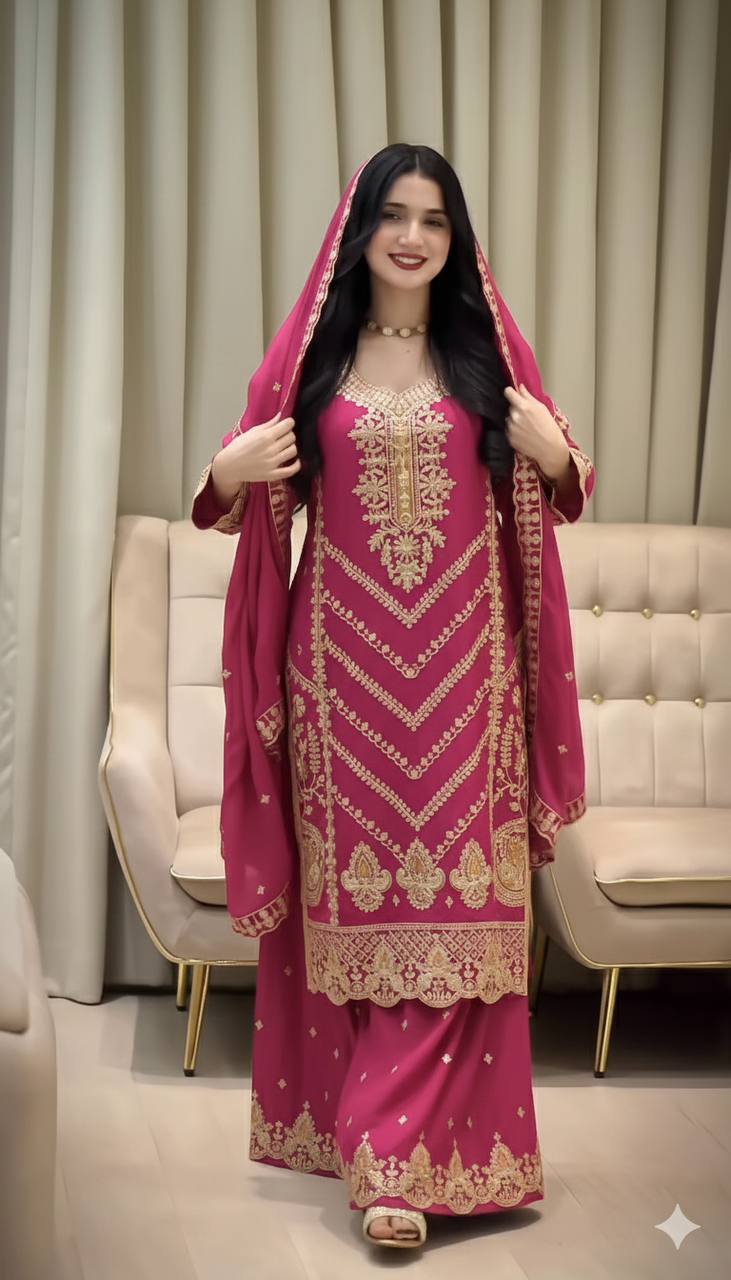 Premium Embroidered Chinon Silk Suit Set