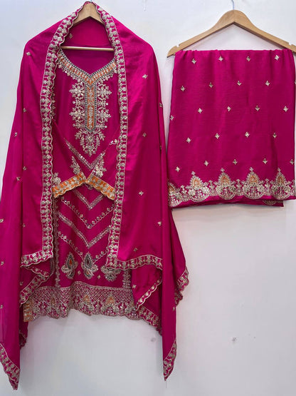 Premium Embroidered Chinon Silk Suit Set