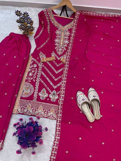 Premium Embroidered Chinon Silk Suit Set