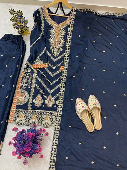 Premium Embroidered Chinon Silk Suit Set