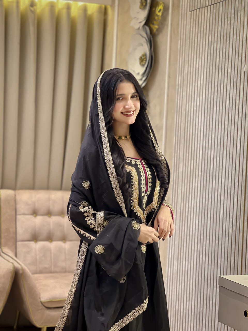 Elegant Embroidered Chinon Silk Suit Set