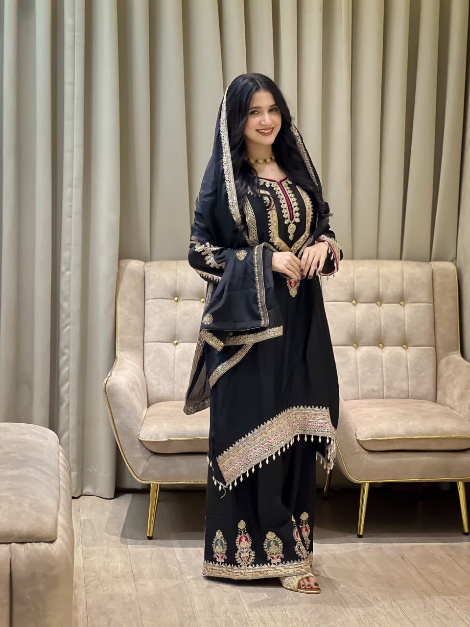 Elegant Embroidered Chinon Silk Suit Set