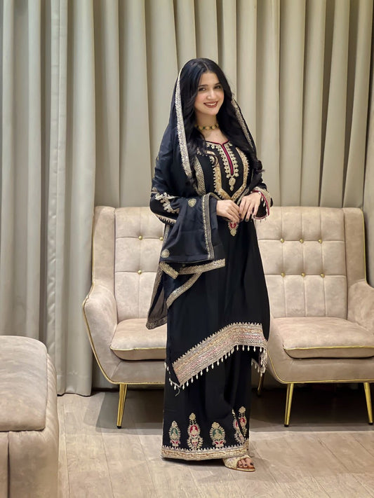 Elegant Embroidered Chinon Silk Suit Set