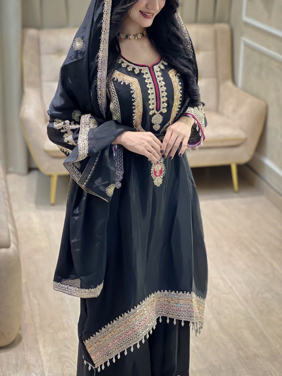 Elegant Embroidered Chinon Silk Suit Set