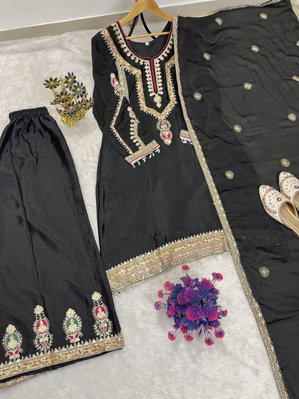 Elegant Embroidered Chinon Silk Suit Set