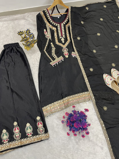 Elegant Embroidered Chinon Silk Suit Set