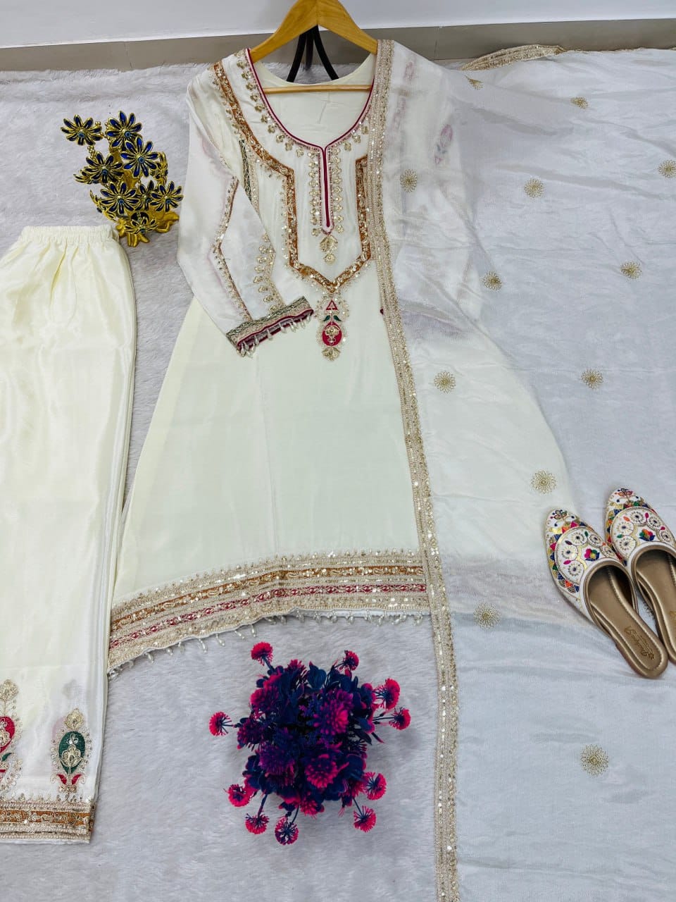 Elegant Embroidered Chinon Silk Suit Set