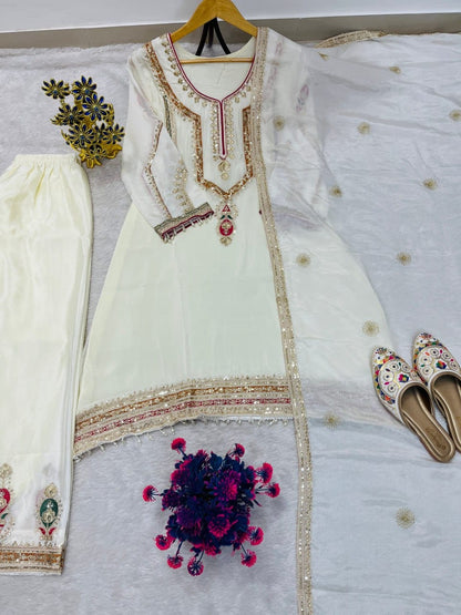Elegant Embroidered Chinon Silk Suit Set
