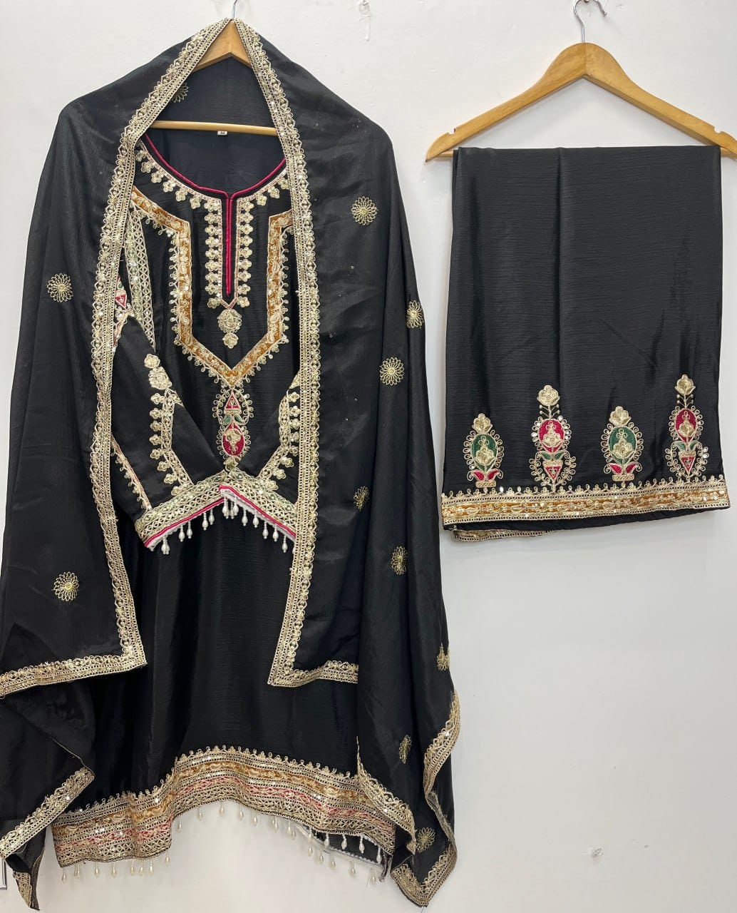 Elegant Embroidered Chinon Silk Suit Set