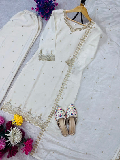 Elegant Embroidered Chinon Silk Suit Set
