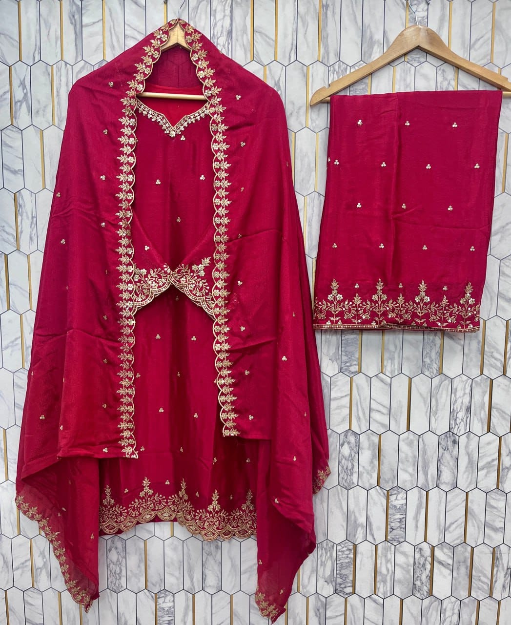 Elegant Embroidered Chinon Silk Suit Set