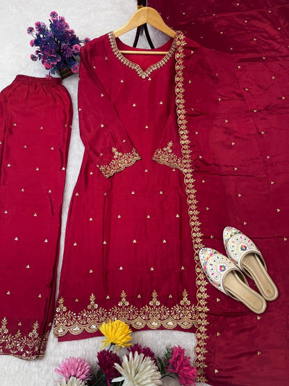 Elegant Embroidered Chinon Silk Suit Set