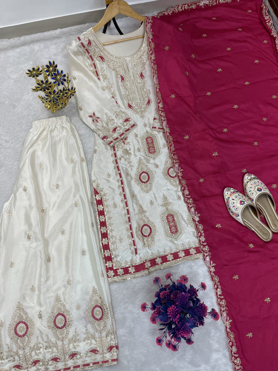 Festive Grace Chinon Silk Embroidered Suit Set