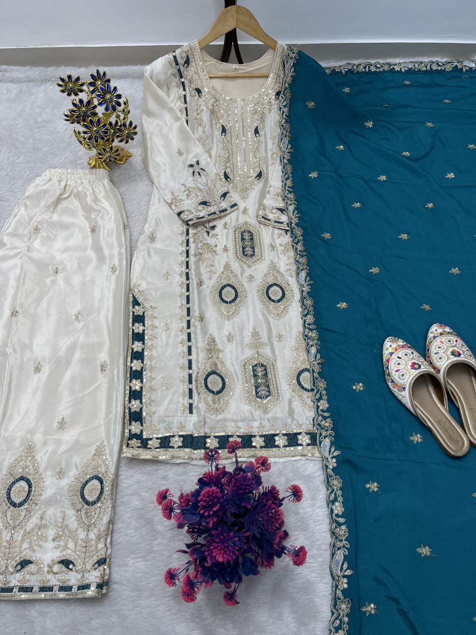 Festive Grace Chinon Silk Embroidered Suit Set