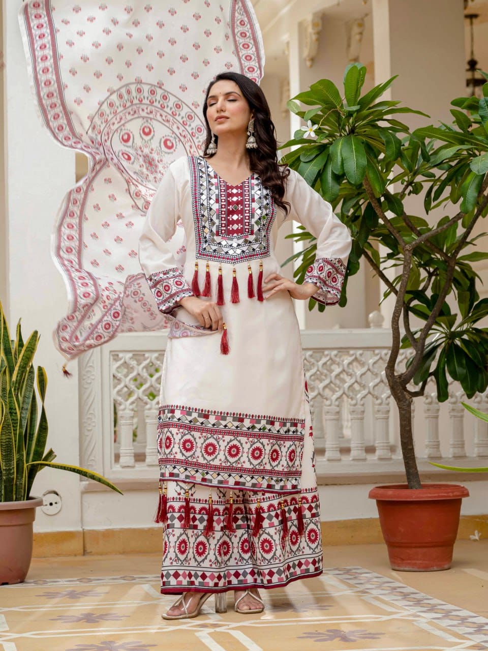 Rangriti Maslin Printed Mirror Work Suit Set
