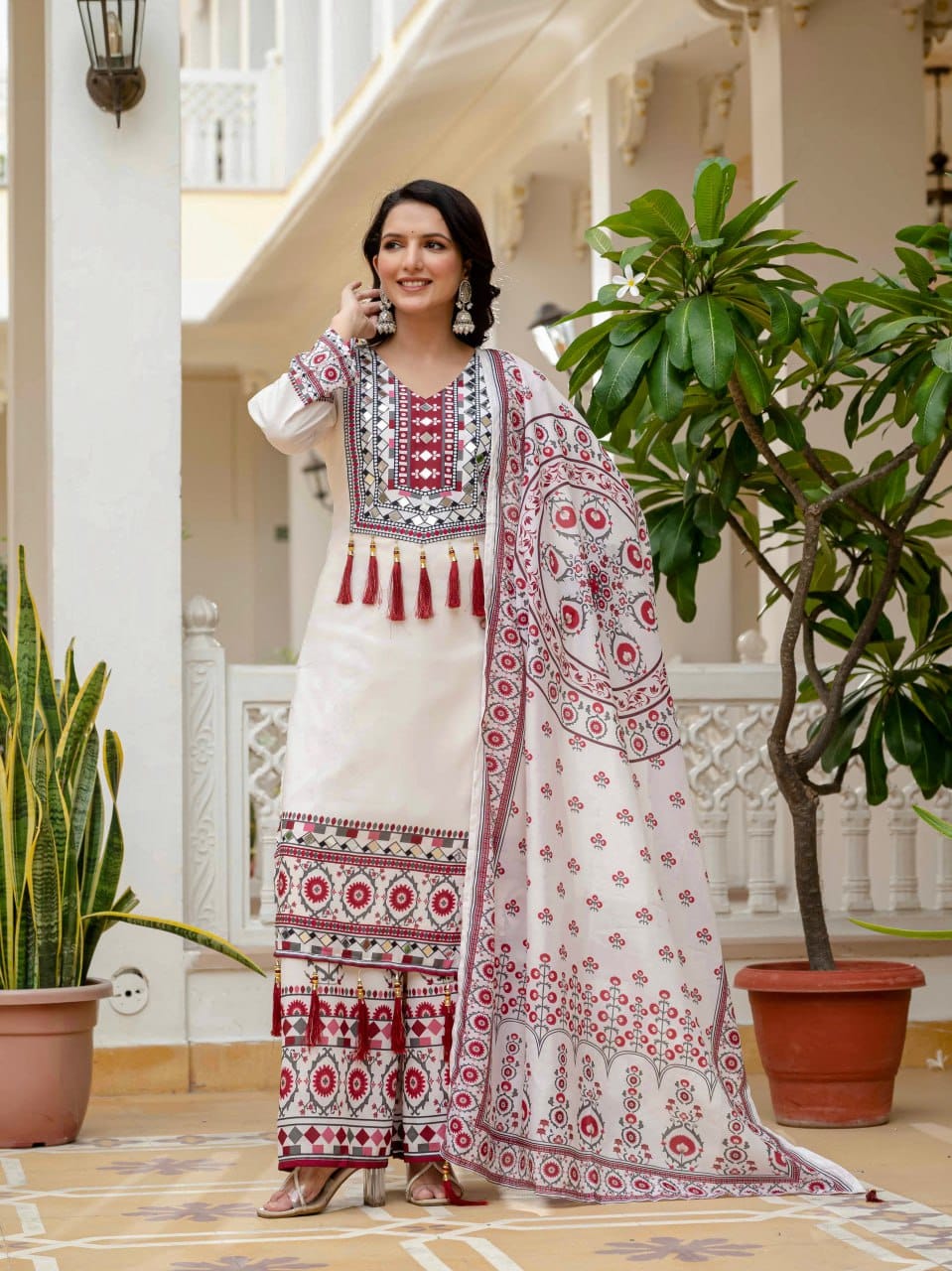 Rangriti Maslin Printed Mirror Work Suit Set