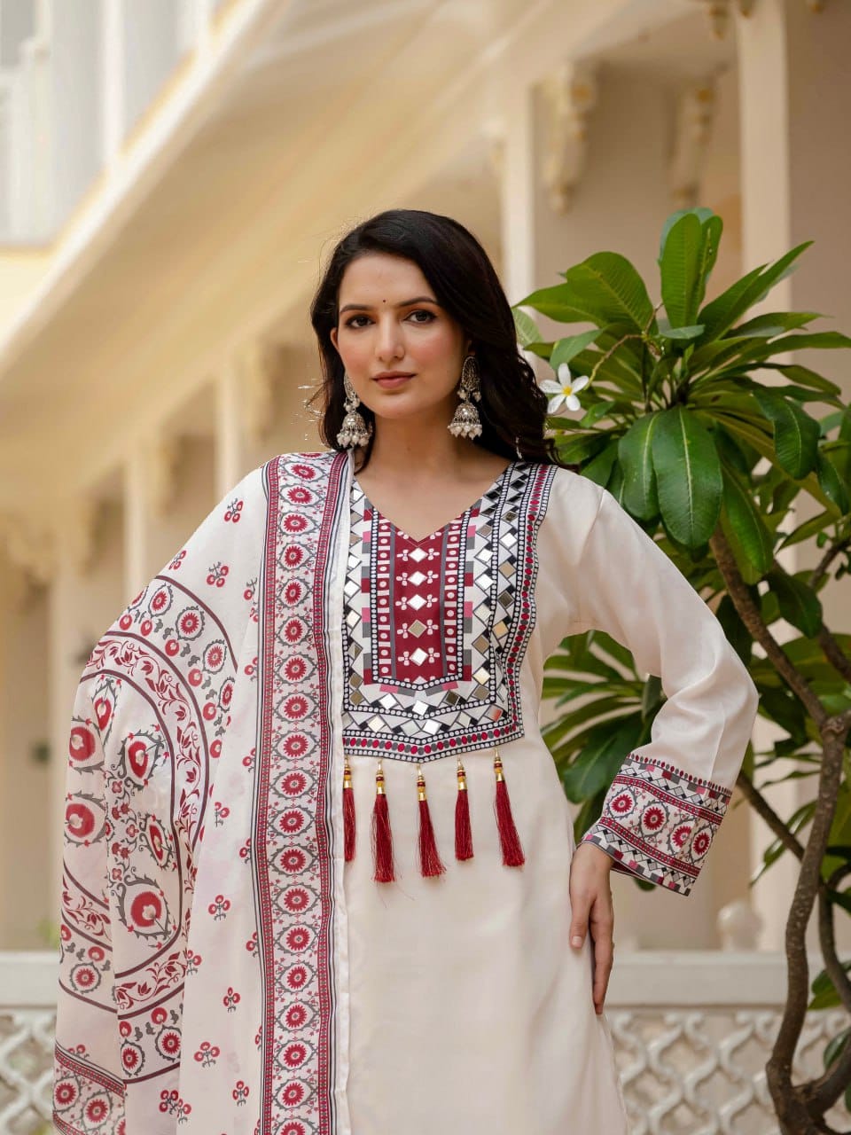 Rangriti Maslin Printed Mirror Work Suit Set