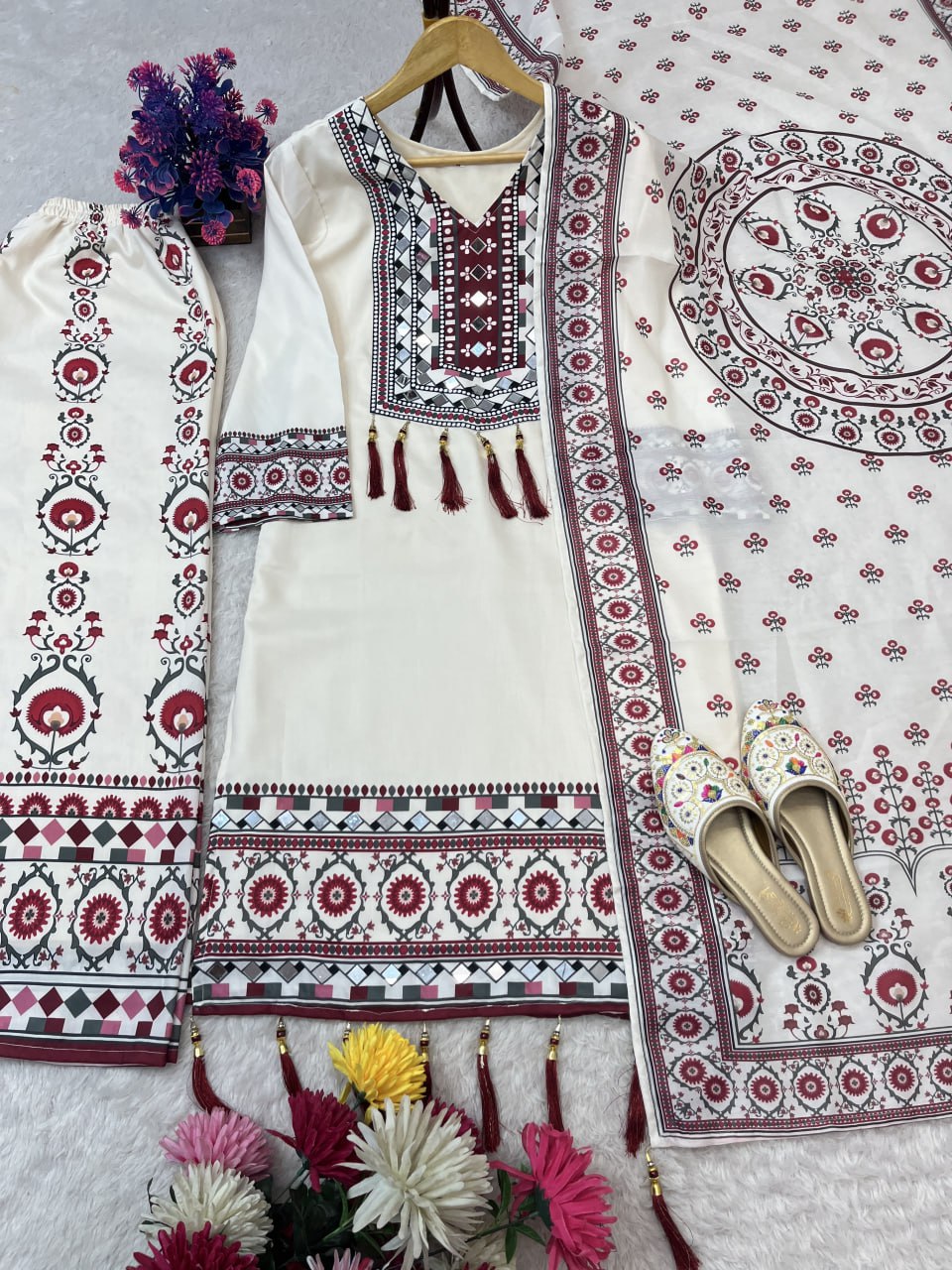 Rangriti Maslin Printed Mirror Work Suit Set