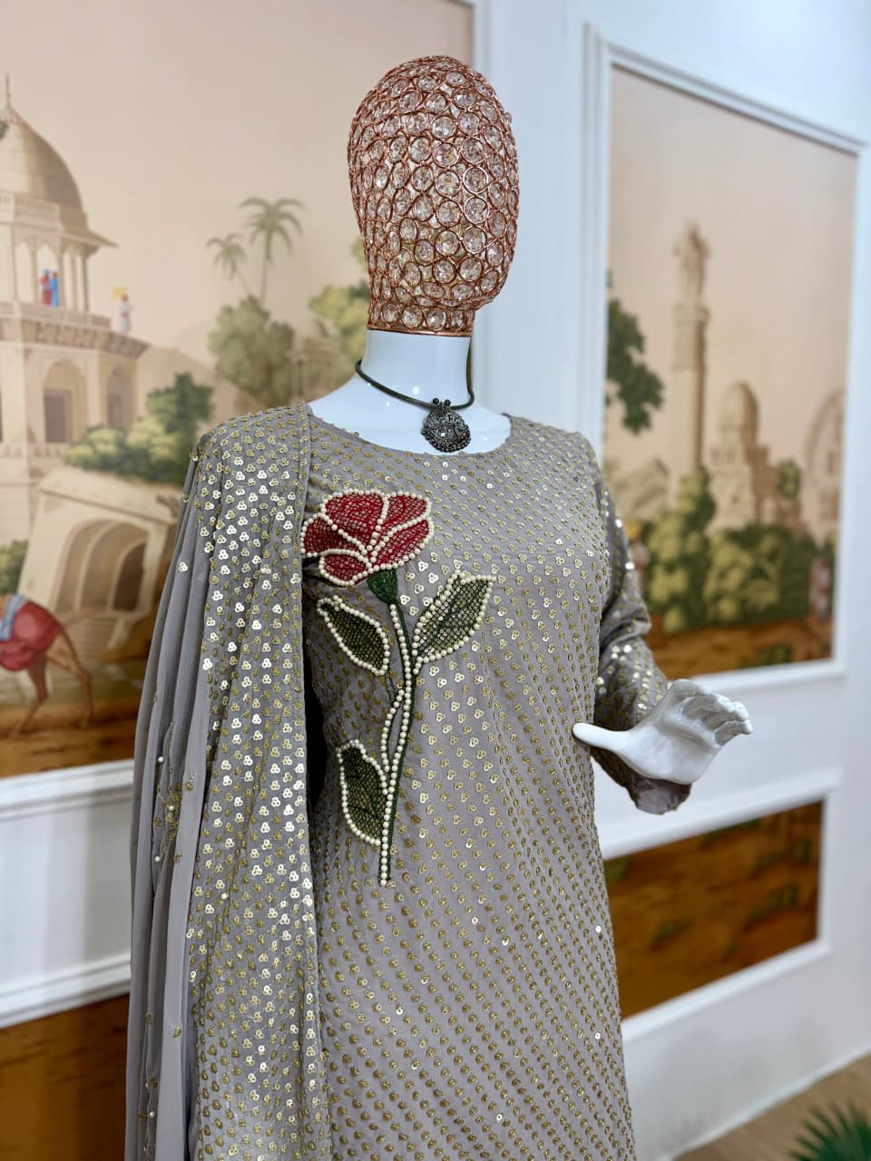 Zarelle Sequin Pearl Embroidered Suit Set