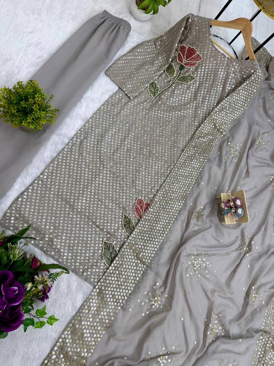 Zarelle Sequin Pearl Embroidered Suit Set
