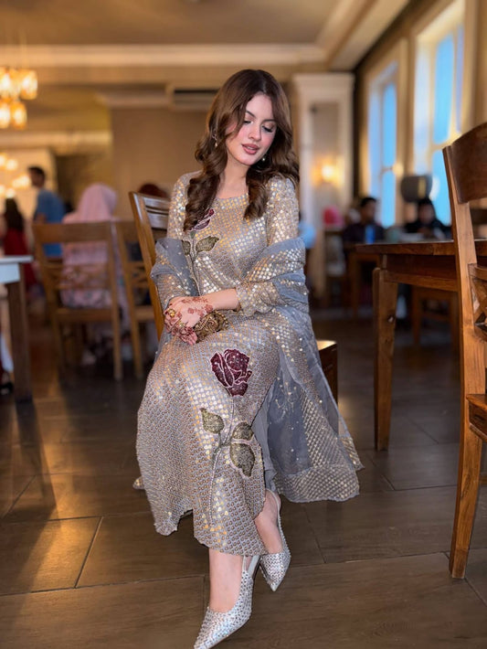 Zarelle Sequin Pearl Embroidered Suit Set