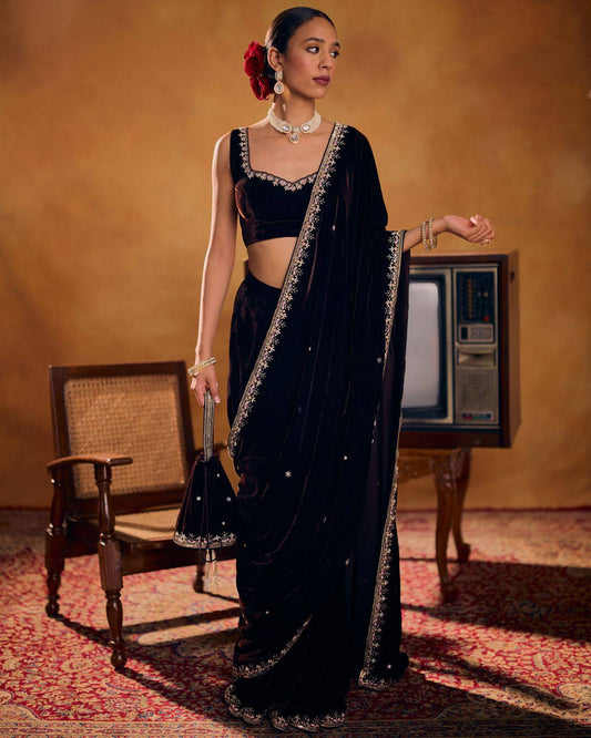 Veloura Royale Velvet Embroidered Saree